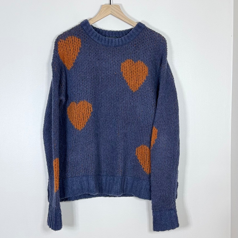 Toad & Co Womens Wool Blend Cotati Dolman Sweater L Blue Orange Heart Novelty